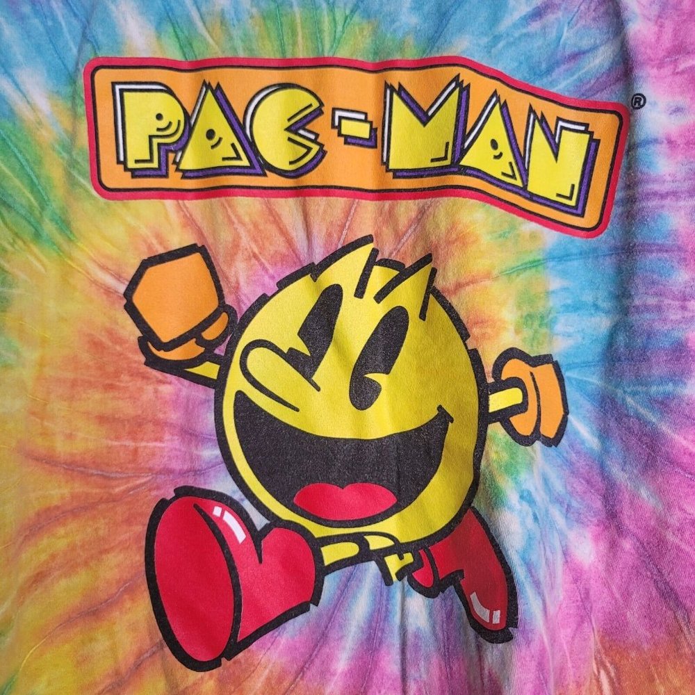 Pac-Man Men's Tye-Dye Print T-Shirt Size L Arcade Character Multi-Color Cotton